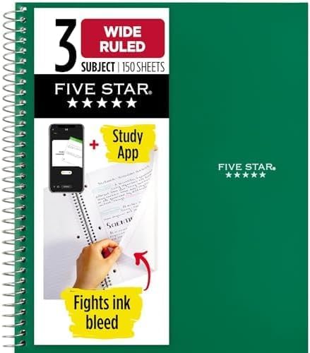 Five Star Spiral Notebook 3 Subject Wide Ruled | Forest Green | 150 Sheets | by FiveStar