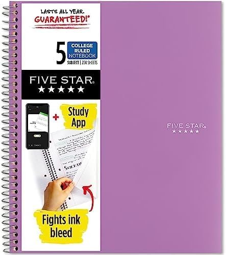 Five Star Spiral Notebook + Study App, 5 Subject, College Ruled Paper, 8-1/2" x by FiveStar