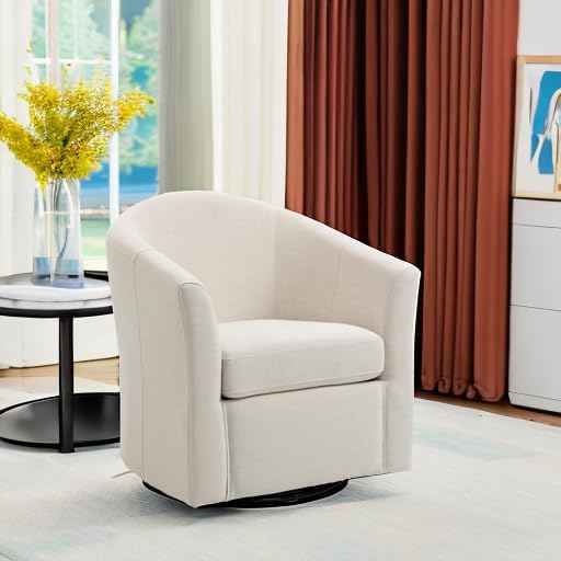 UIXE 360° Swivel Barrel Accent Chair, Modern Round Arm Chair Upholstered Club Armchair, Single Sofa Seating in Fabric for Living Room, Bedroom (Beige)-DeskLoop Office