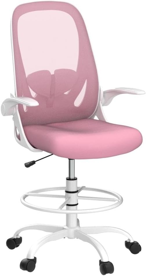 Primy Drafting Chair Tall Office Chair with Flip-up Armrests Executive Ergonomic Computer Standing Desk Chair with Lumbar Support and Adjustable Footrest Ring (Pink)-DeskLoop Office