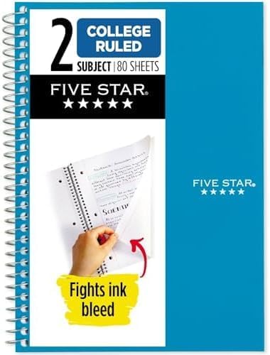 Five Star Spiral Notebook, 2 Subject, College Ruled, 9 1/2" x 6" 80 Sheets by FiveStar