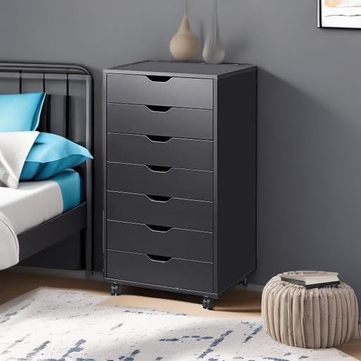 DEVAISE 7-Drawer Chest, Wood File Cabinet with Wheels, Black-DeskLoop Office