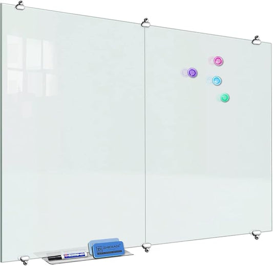 2-in-1 Magnetic Glass White Board 60'' x 48'' Extra Large Splicing Tempered Glass Whiteboard, 4' x 5' Frameless Big Glass Dry Erase White Board for Wall, Office, Home-DeskLoop Office