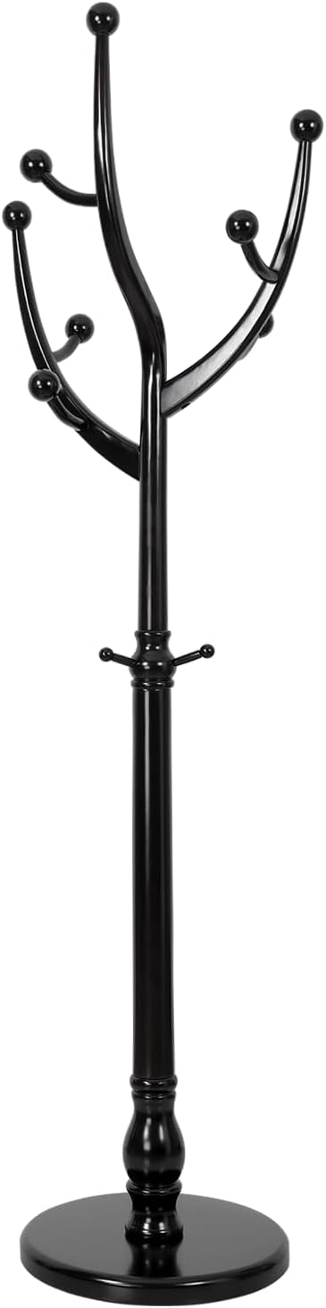 Wood Coat Rack Coat Tree Freestanding with Hooks, Heavy Duty Standing Coat Rack with Solid Round Base, 74” Tree Shaped Coat Hanger Stand for Clothes, Hat, Jacket, Entryway Bedroom, Balck-DeskLoop Office