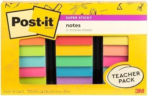 Post-it Super Sticky Notes Assorted Colors 3 x 3 inch | Teacher Pack | Super by Unknown