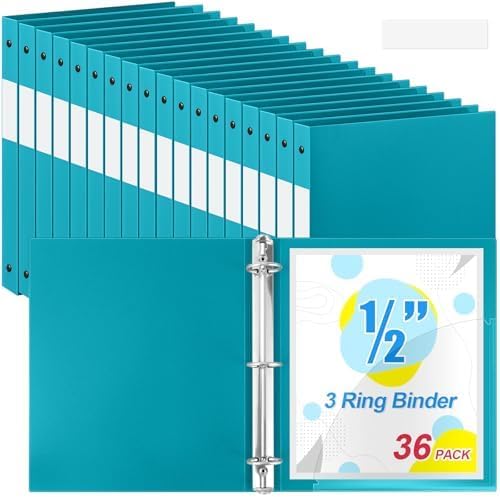 Henoyso 36 Pcs 3 Ring Binder 1/2'' Round Fits Letter Size 8. 5'' x 11'' Paper Plastic Flexible Binder Holds 100 Sheets with 1 Pockets Versatile Organizer for Office Home School (Turquoise)-DeskLoop Office