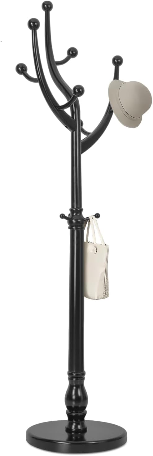 Wood Coat Rack Coat Tree Freestanding with Hooks, Heavy Duty Standing Coat Rack with Solid Round Base, 74” Tree Shaped Coat Hanger Stand for Clothes, Hat, Jacket, Entryway Bedroom, Balck-DeskLoop Office