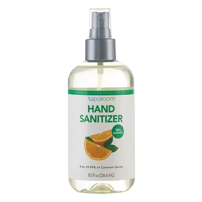 SpaRoom Hand Sanitizer Spray Orange – 70% Alcohol Formula with Aloe and Essential Oils, Travel Size Citrus Blend for On-the-Go Hygiene and Skin Moisture – 8oz Leak-Proof Bottle
