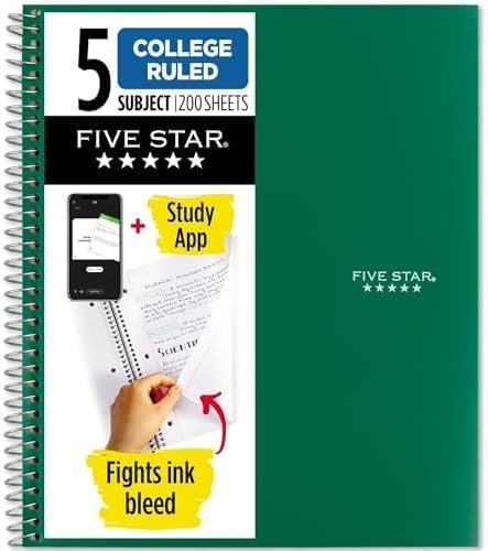 Five Star Spiral Notebook + Study App, 5 Subject, College Ruled Paper, 8-1/2" x by FiveStar