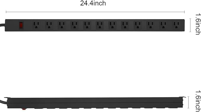 HHSOET Metal Wall Mount Power Strip, Mountable Power Outlet with 12 AC Outlets, Aluminum Alloy Mount Power Socket with Switch, 10 FT SJT 3/C 14AWG Power Cord, 15A 125V 1875W (12AC) Black-DeskLoop Office