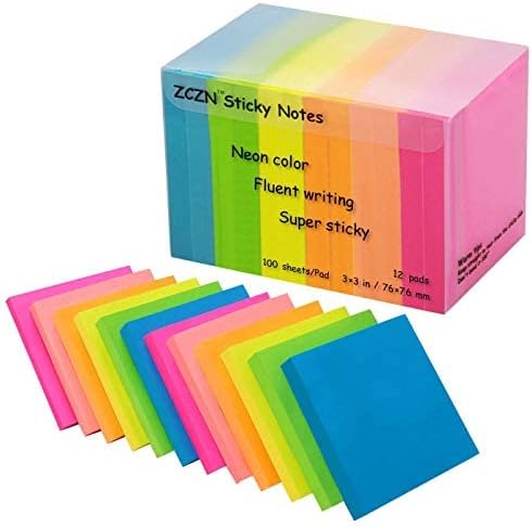 (12 Pack) ZCZN Sticky Notes 3x3 Inches, 1200 Sheets 6 Bright Color Self-Stick Note Pads, Easy to Post for Office, Home, Meeting, School-DeskLoop Office