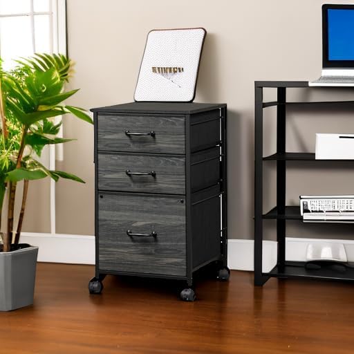 DEVAISE Mobile File Cabinet, Rolling Printer Stand with 3 Drawers, Fabric Vertical Filing Cabinet fits A4 or Letter Size for Home Office, Charcoal Black Wood Grain Print-DeskLoop Office