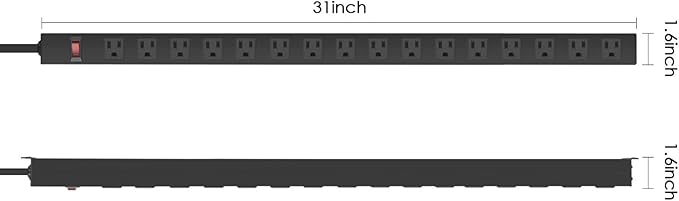 HHSOET Metal Wall Mount Power Strip, 16 Outlets, 3 FT SJT 3/C 14AWG Power Cord, 15A 125V 1875W, Black-DeskLoop Office