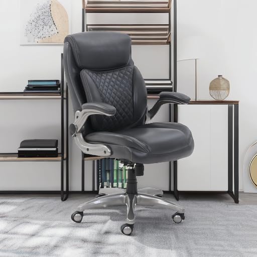 Amazon Basics Ergonomic Executive Office Desk Chair with Lumbar Support, Flip-up Armrests, Adjustable Height, Grey Leather-DeskLoop Office