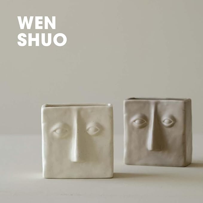 WENSHUO Abstract Square Face Pen Holder, Modern and Minimalistic Desk Accessories (Crème)-DeskLoop Office