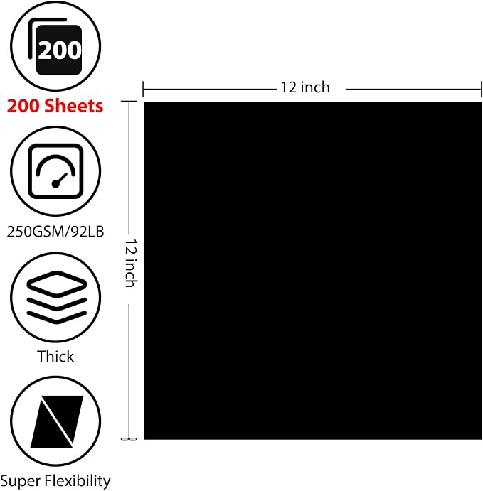OcePor 200 Sheets Black Cardstock 12” x 12”, 92lb/250gsm Black Card Stock - Image 2