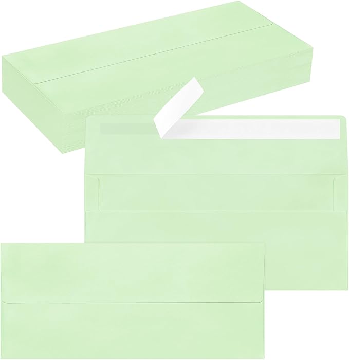 50 Pack #10 Business Envelopes, Self Seal Standard Light Green Envelopes by QIKSION