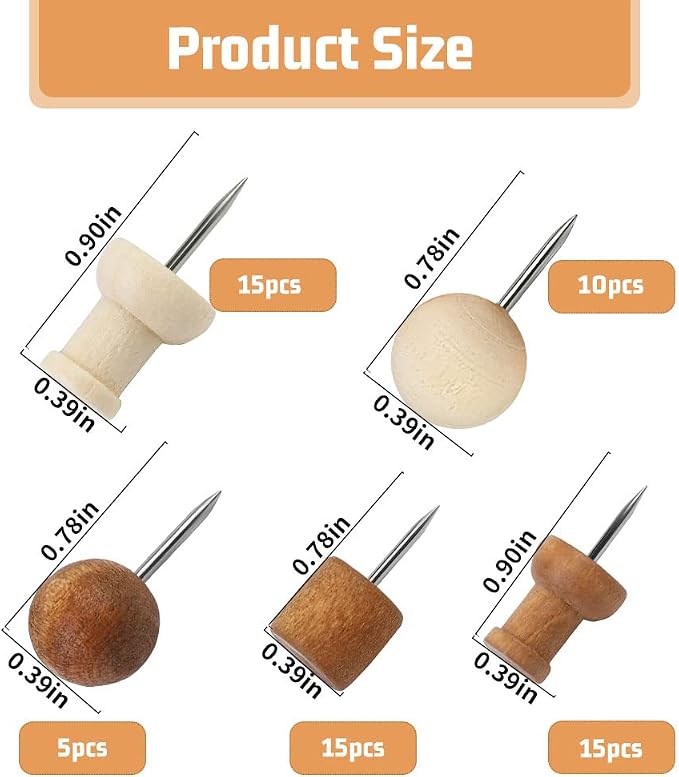 60 Pcs Wood Push Pins Thumb Tacks Walnut Push Pins Cylindrical Push Round Head - Image 2