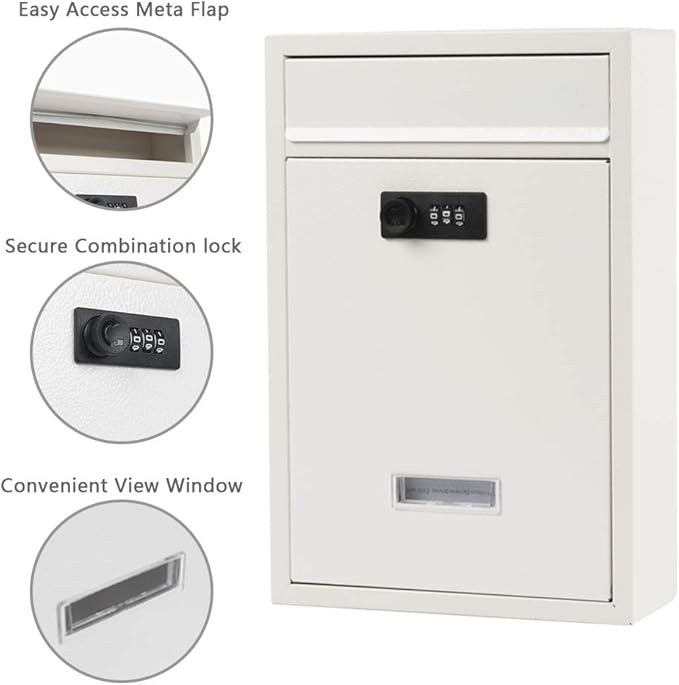 KYODOLED Locking Wall Mount Mailbox, Mail Boxes with Combination Lock for Outside, Security Drop Box with Code,12.4H x 8.54L x 3.35W Inches, White-DeskLoop Office