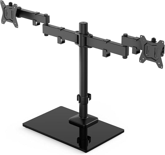 HUANUO Freestanding Dual Monitor Stand, 32 Inch Dual Monitor Mount for 2 Screens, Holds up to 22 lbs per Arm, Monitor Arm Riser with Tempered-Glass Base, Tilt, Swivel, Rotation, Black-DeskLoop Office