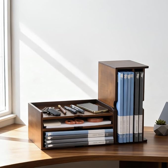 Wooden Desk Organizer with Dark Wood Finish, Stackable Paper Tray & File Holder - Image 2