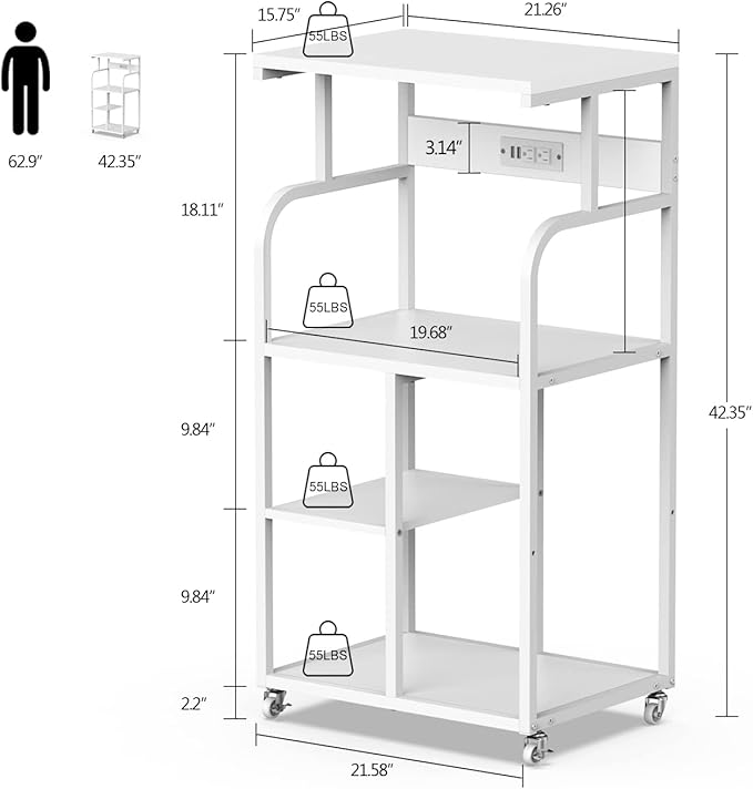 VEDECASA Mobile High Printer Stand with Power Outlet Charging Plugs USB Port Office Storage Shelf Includes Computer Tower CPU Stand Holder with Wheel (White)-DeskLoop Office