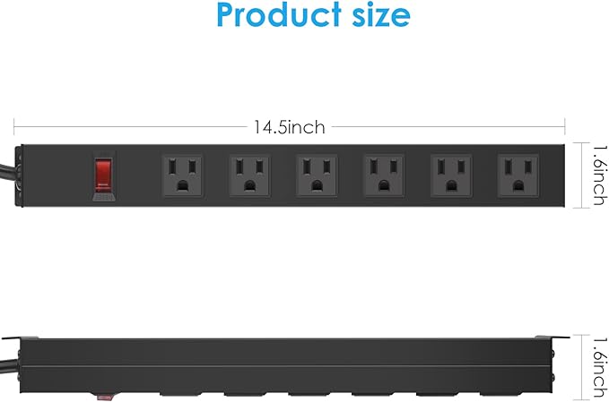 2Pack Metal Wall Mount Power Strip, Mountable Power Outlet with 6 AC Outlets, Aluminum Alloy Mount Power Socket with Switch, 6 FT SJT 3/C 14AWG Power Cord, 15A 125V 1875W (6AC)-DeskLoop Office