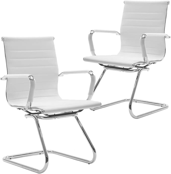 Reception Chairs Leather Conference Chairs No Wheels Back Support Heavy Duty Office Guest Chair, Set of 2 (White)-DeskLoop Office