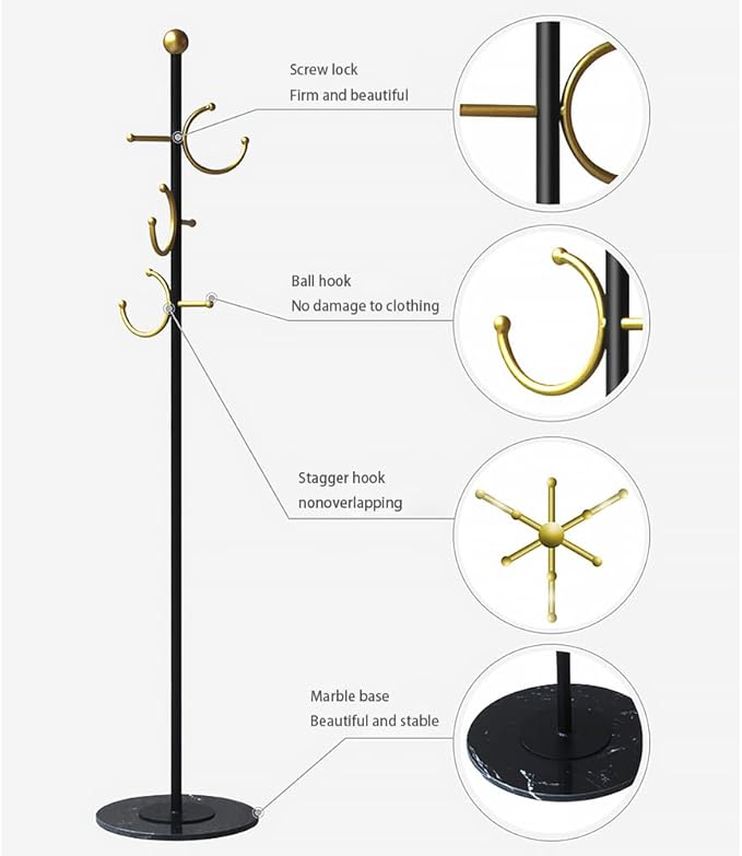 BUZUYE Modern Coat rack with marble base,Coat rack freestanding heavy duty with gold hooks,Entryway coat rack stand Coat Tree freestanding coat hanger stand for Hanging Clothes, Hats, Bags-DeskLoop Office