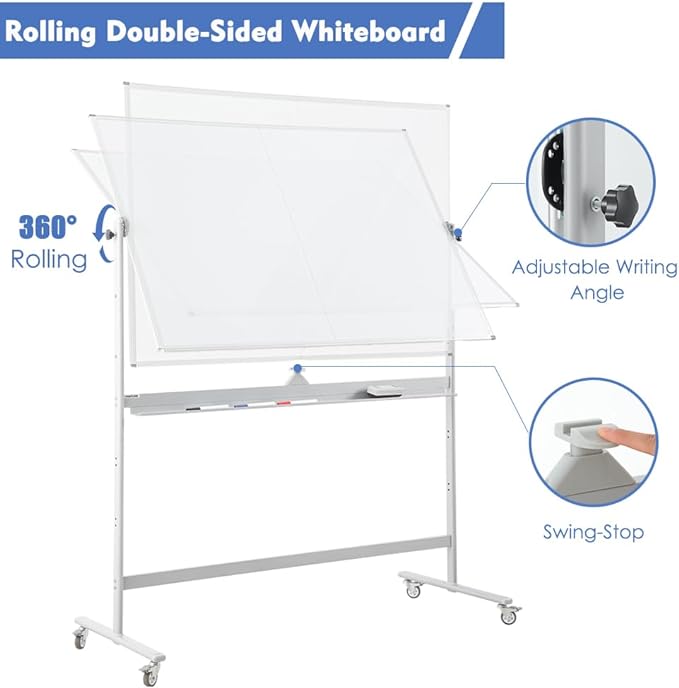 FORTUNO Large Magnetic Mobile Whiteboard 60"x48", Rolling Double Sided Stand Whiteboard on Wheels, Reversible Adjustable Height/Angle Dry Erase Board 5' x 4' Easel White Board for Office Classroom-DeskLoop Office