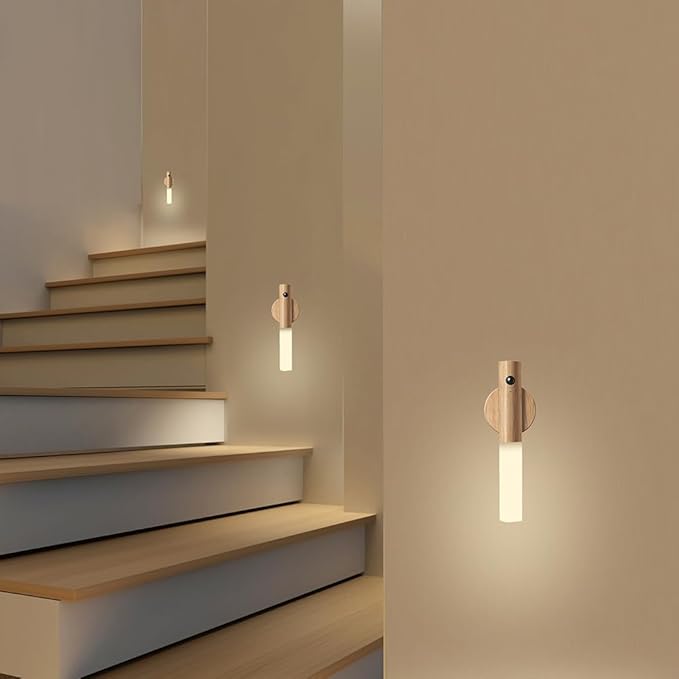 LANDGOO Wooden Motion Sensor Night Lights Magnet Body Sensor Hallway Night Lights Rechargeable Led Light Portable Stairway,Wall Sconce Battery Powered Cabinet Lights-DeskLoop Office
