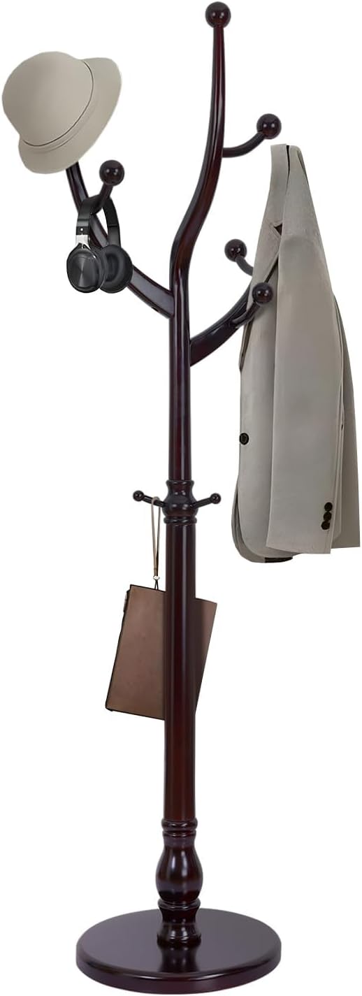 Coat Rack Tree Freestanding with Hooks, Heavy Duty Standing Wood Coat Rack with Solid Round Base, 74” Tree Shaped Coat Hanger Stand for Clothes, Hat, Jacket, Entryway Bedroom, Red Brown-DeskLoop Office