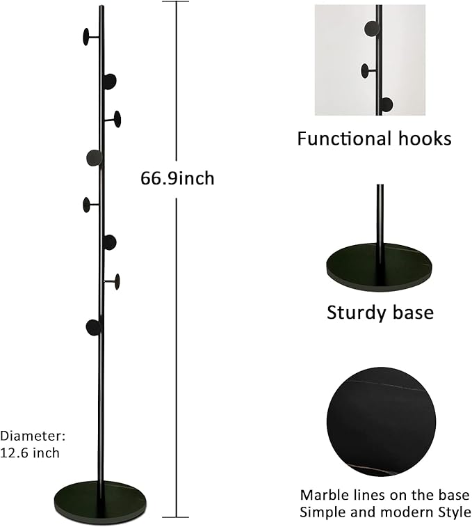 Coat Tree Freestanding, Metal Coat Rack Tree with 8 Hooks, Free Standing Hanger for Hats Scarves Purses Umbrellas, Coat Stands with Stable Base for Entryway Bedroom, Black-DeskLoop Office