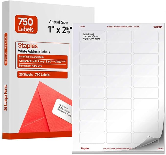 Staples 1" x 2-5/8" Address Labels, 750 Labels per Box by Staples