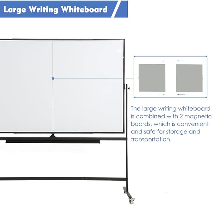 Large Magnetic Mobile Whiteboard 96"x48", Rolling Double Sided Stand Whiteboard on Wheels, Reversible Adjustable Height/Angle Dry Erase Board 8' x 4' Easel White Board for Office Classroom, Black-DeskLoop Office