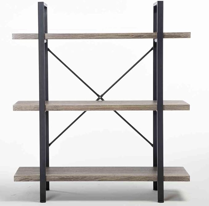 HSH 3-Shelf Bookcase, Rustic Gray 3 Tier Bookshelf, Vintage Industrial Wooden and Metal Display and Storage Bookshelves Tower for Home Office Livingroom Bedroom Light Grey Oak-DeskLoop Office