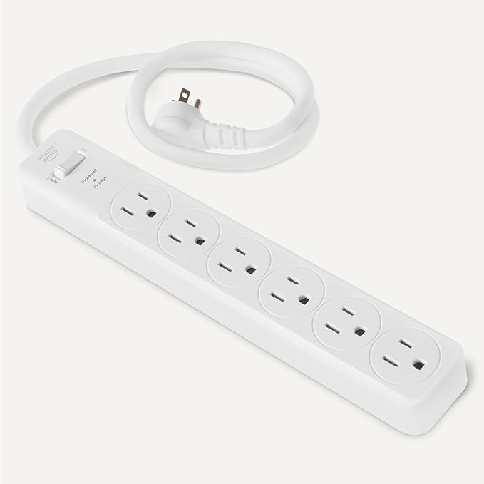 Amazon Basics Rectangle 6-Outlet, 600 Joule Surge Protector Power Strip, 2ft, Small, White, 2-Pack-DeskLoop Office