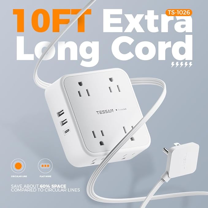 Extension Cord with Multiple Outlets, TESSAN 10 FT Surge Protector Power Strip Flat Plug, 8 AC Outlets, 900J 3 USB Ports (1 USB C), Desk Charging Station with Protection for Home, Office, Dorm Room-DeskLoop Office