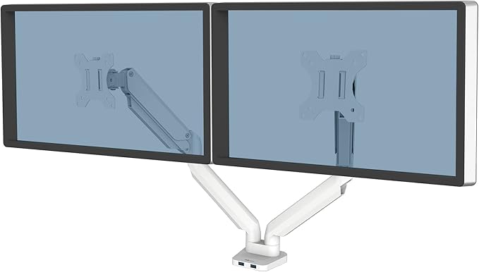 Fellowes Platinum Series Dual Monitor Arm for 40-Inch Monitors, Full Motion, 360° Rotation, VESA Mount with Grommet or Clamp, USB Ports, Ergonomic, White, 8056301-DeskLoop Office