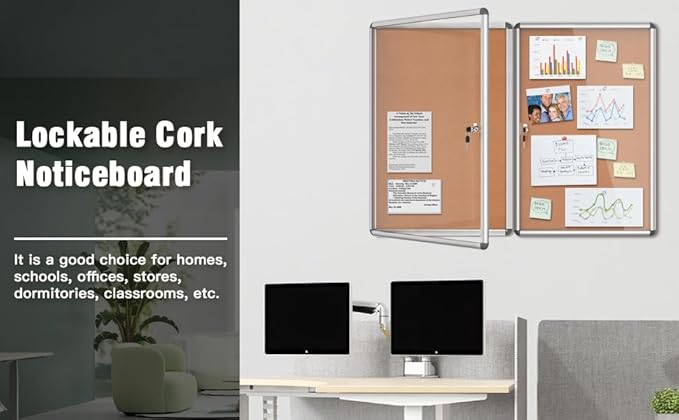 2 Pack 36"x24" Enclosed Bulletin Board, Lockable Weather-Resistant Aluminum Cork Noticeboard for School & Office, Silver Frame w/Cork-DeskLoop Office