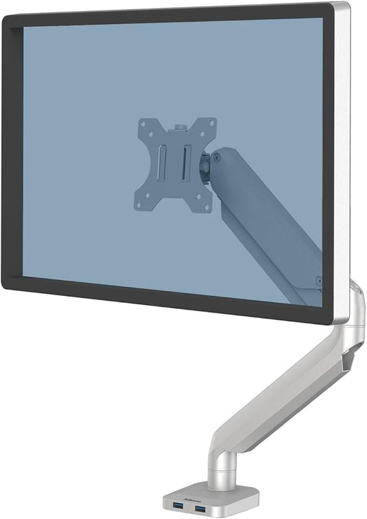 Fellowes Platinum Series Single Monitor Arm for 40-Inch Monitors, Full Motion, 360° Rotation, VESA Mount with Grommet or Clamp, USB Ports, Ergonomic, Silver, 8056401-DeskLoop Office