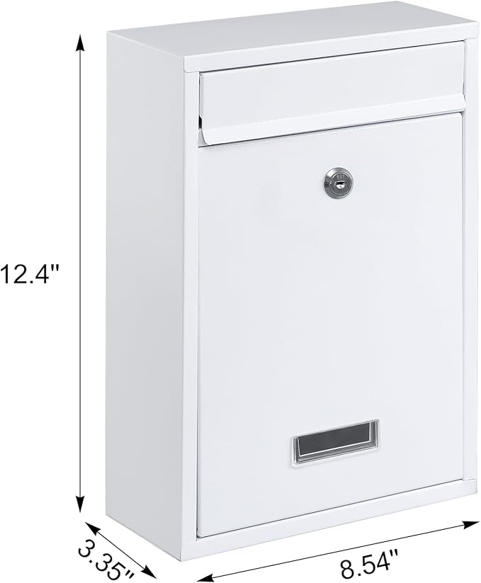 KYODOLED Key Lock MailBoxes for Outside, Locking Wall Mount Mailbox, Security Key Drop Box for Letters Newspapers, Cards, 12.4H x 8.54L x 3.35W Inches, White-DeskLoop Office