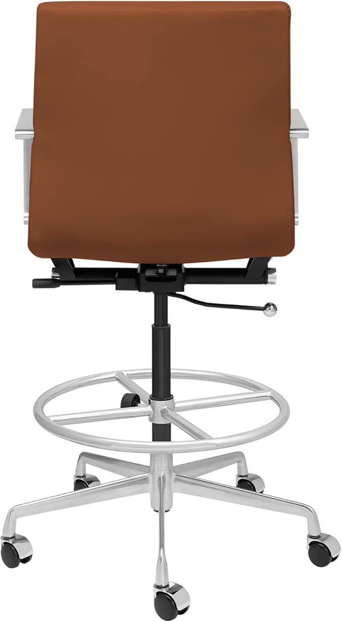 Laura Davidson Furniture SOHO II Ribbed Drafting Chair for Standing Desks, Standing Desk Chair - Ergonomically Designed, Commercial Grade Draft Height, Arm Rest & Cushion, Made of Faux Leather, Brown-DeskLoop Office