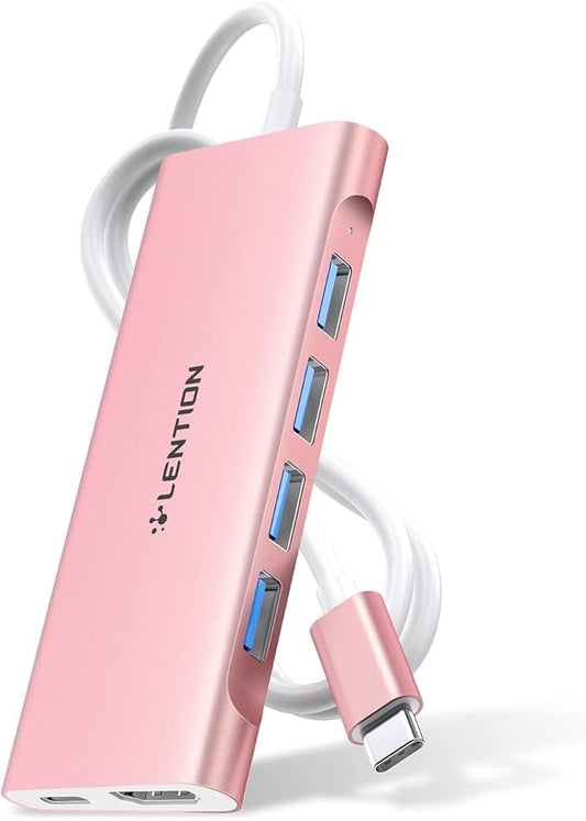 LENTION 3.3FT Long Cable USB C Multiport Hub with 4K HDMI, 4 USB 3.0, Type C Charging Compatible 2023-2016 MacBook Pro, New Mac Air/iMac/Mac Mini, More, Stable Driver Adapter (C35-1M, Rose Gold)-DeskLoop Office