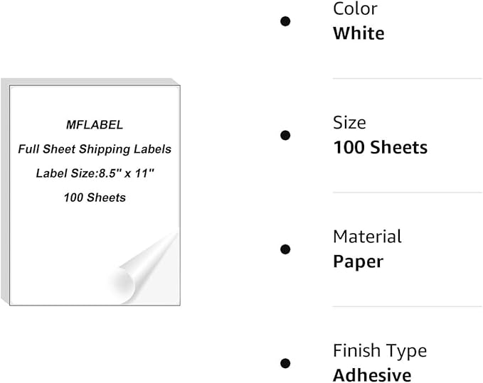 MFLABEL Full Sheet Matte White Labels - 8.5 x 11 Inch for Laser & Inkjet Printers (200 Sheets / 6000 Labels) - Includes Address & Fragile Stickers, Smudge-Proof & Quick Peel