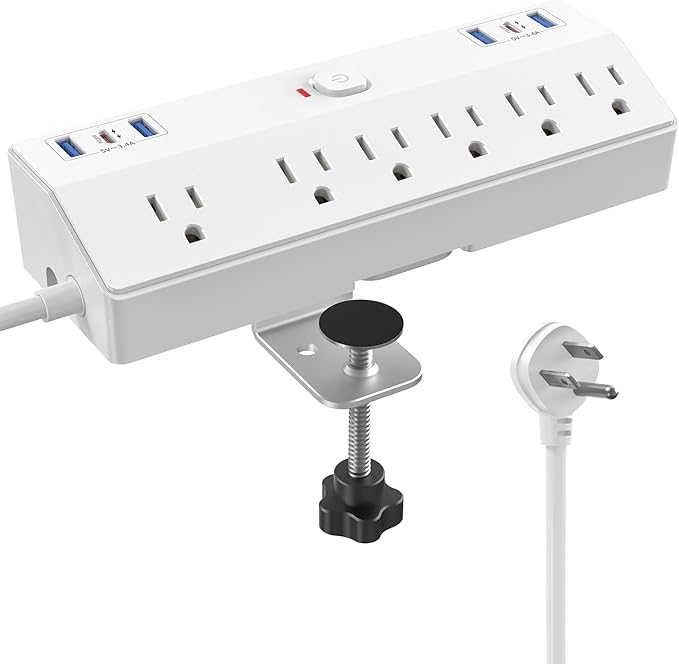 40W Fast Charging Station, Desk Clamp Power Strip, JXGUCAT Removable Desk Clamp Mount Power Strip Surge Protector, 2 USB-C Ports, 6 AC Outlets and 10ft Cord, Fits 1.8" Tabletop Edge-DeskLoop Office