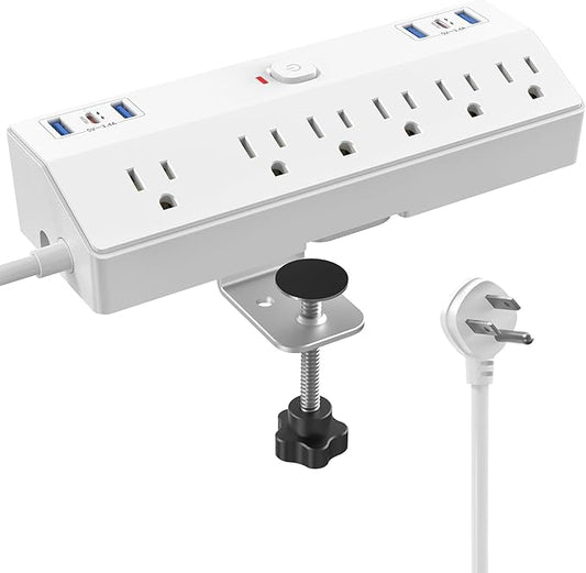 40W Fast Charging Station, Desk Clamp Power Strip, JXGUCAT Removable Desk Clamp Mount Power Strip Surge Protector, 2 USB-C Ports, 6 AC Outlets and 10ft Cord, Fits 1.8" Tabletop Edge-DeskLoop Office