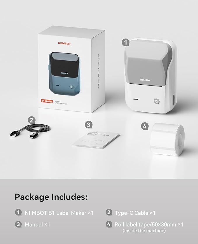 NIIMBOT B1 Bluetooth Label Maker Machine with Tape, Easy to Use, Large Waterproof Label, 2 Inch Portable Thermal Label Printer with Multiple Templates for Kitchen,Home, School, Small Business,Grey-DeskLoop Office