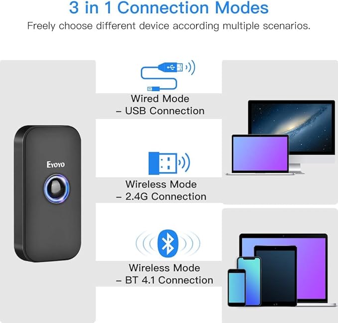 Eyoyo Mini 1D Bluetooth Barcode Scanner, 3-in-1 Bluetooth & USB Wired & 2.4G Wireless Barcode Reader Portable Bar Code Scanning Work with Windows, Android, iOS, Tablets or Computers-DeskLoop Office