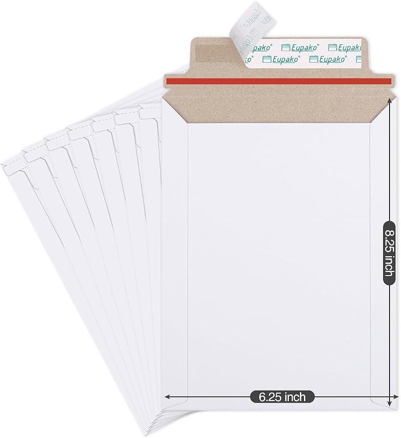 Eupako 6x8" 25 Pack Photo Document Mailer White Stay Flat Self-Seal Cardboard by Eupako